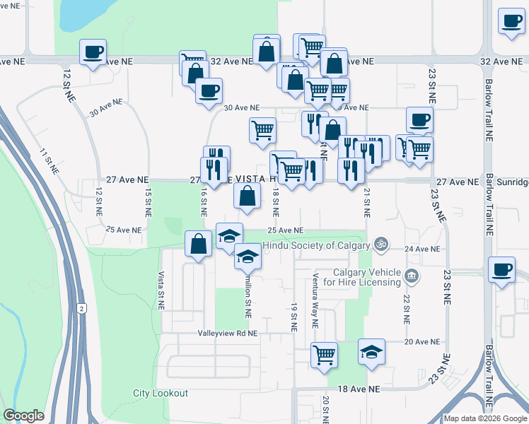 map of restaurants, bars, coffee shops, grocery stores, and more near 1816 25 Ave NE in Calgary