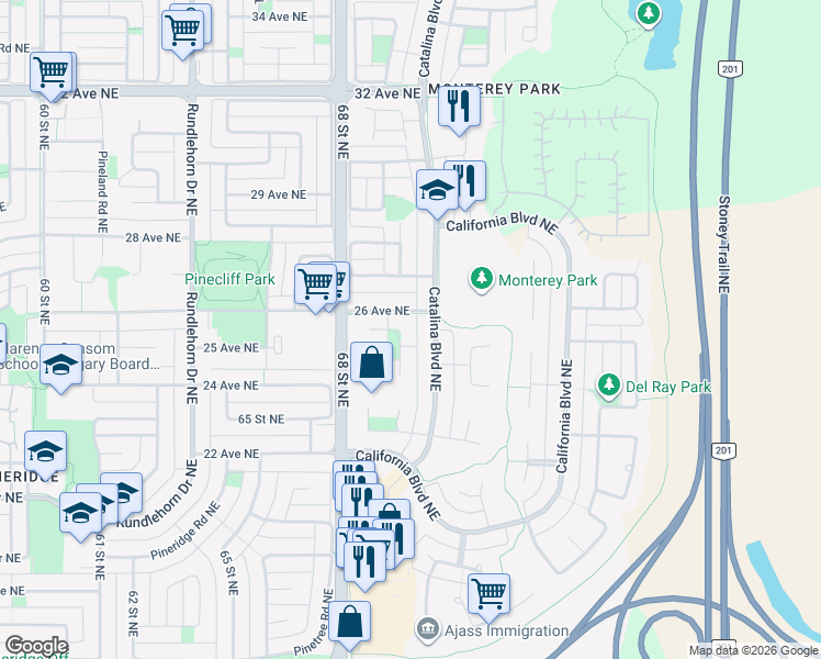 map of restaurants, bars, coffee shops, grocery stores, and more near 73 Del Rio Place Northeast in Calgary