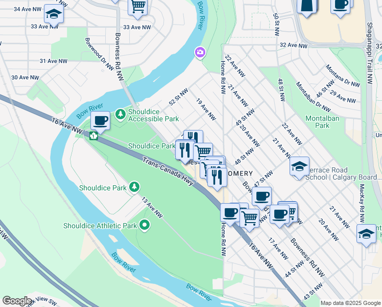 map of restaurants, bars, coffee shops, grocery stores, and more near 5119 18 Avenue Northwest in Calgary