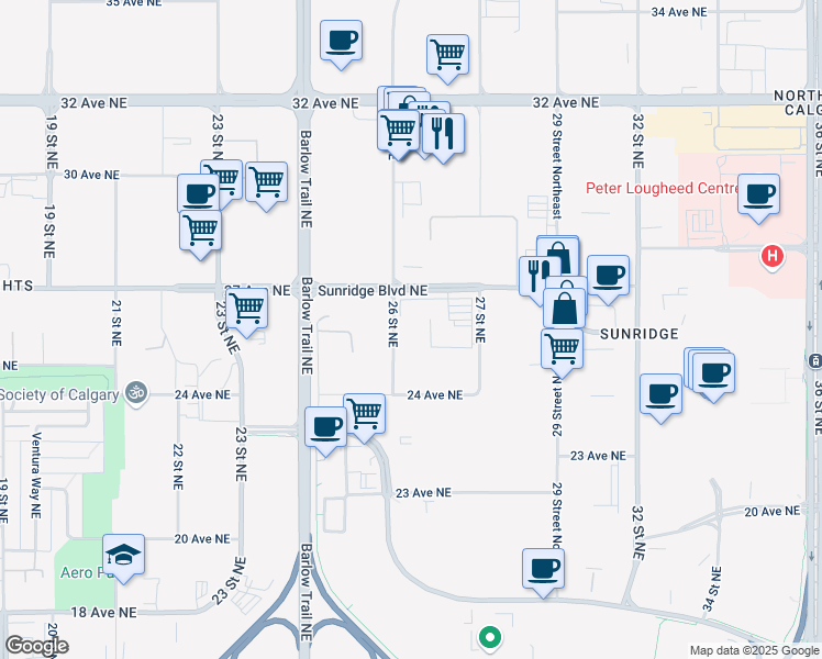 map of restaurants, bars, coffee shops, grocery stores, and more near 2777 Sunridge Blvd NE in Calgary