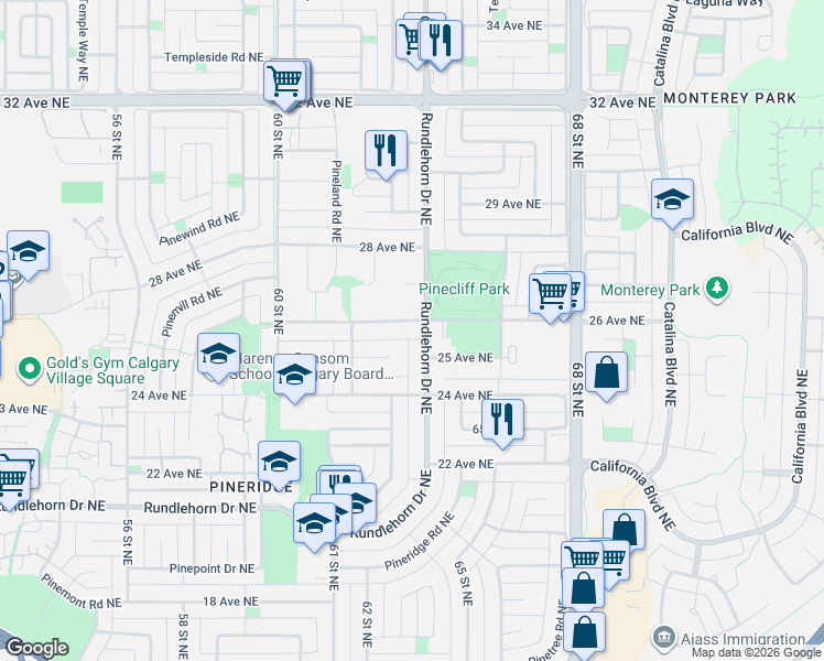 map of restaurants, bars, coffee shops, grocery stores, and more near 6428 26 Avenue Northeast in Calgary