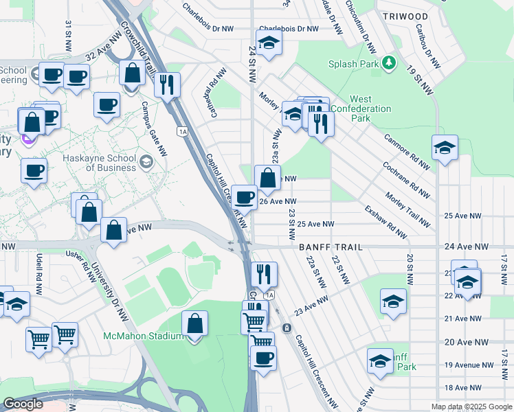 map of restaurants, bars, coffee shops, grocery stores, and more near in Calgary