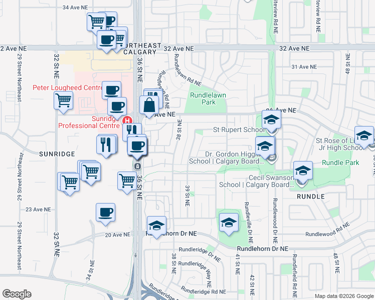 map of restaurants, bars, coffee shops, grocery stores, and more near 413 Rundlelawn Way Northeast in Calgary