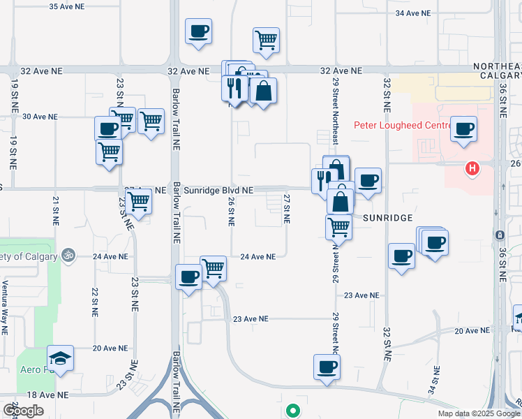 map of restaurants, bars, coffee shops, grocery stores, and more near 2777 Sunridge Boulevard Northeast in Calgary