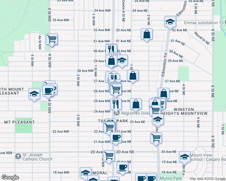 map of restaurants, bars, coffee shops, grocery stores, and more near 2705 Centre St NW in Calgary