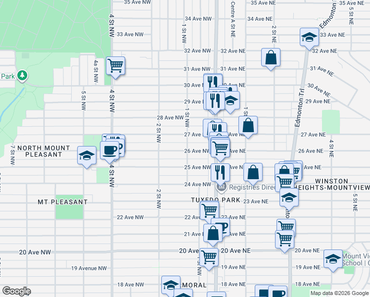 map of restaurants, bars, coffee shops, grocery stores, and more near 137 1 Street Northwest in Calgary