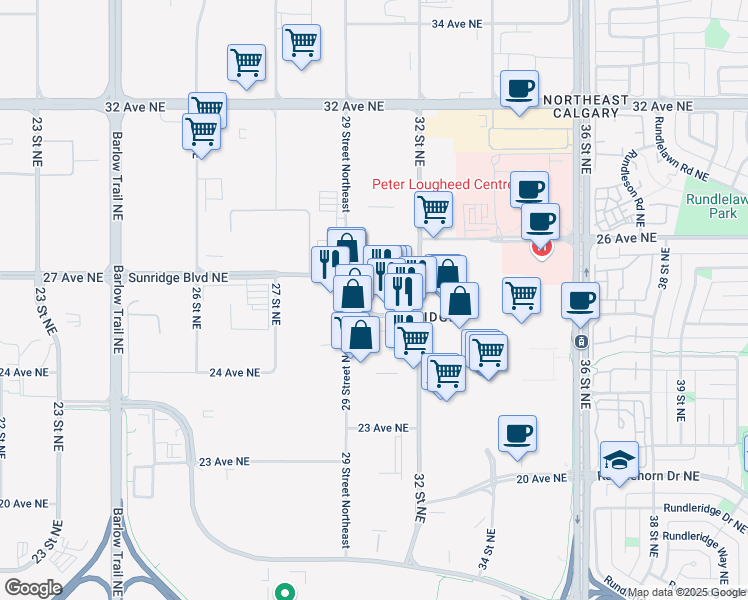 map of restaurants, bars, coffee shops, grocery stores, and more near 3070 Sunridge Boulevard Northeast in Calgary
