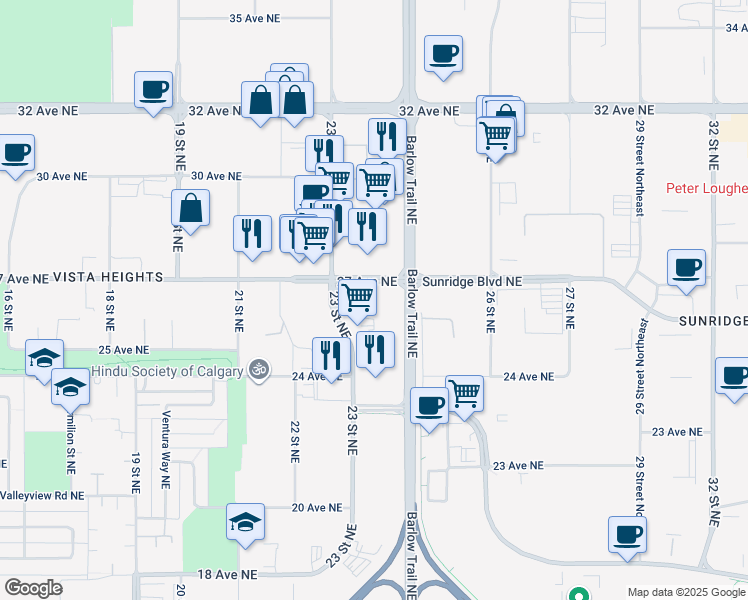map of restaurants, bars, coffee shops, grocery stores, and more near 2475 27 Avenue Northeast in Calgary
