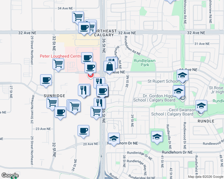 map of restaurants, bars, coffee shops, grocery stores, and more near 2631 38 Street Northeast in Calgary