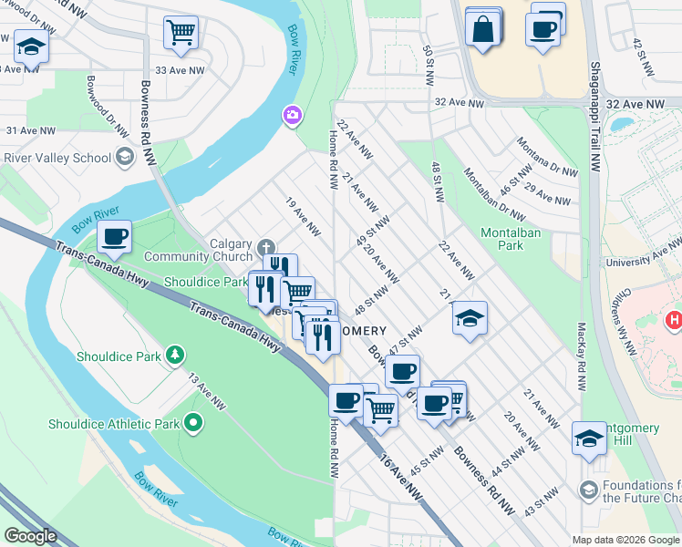 map of restaurants, bars, coffee shops, grocery stores, and more near in Calgary