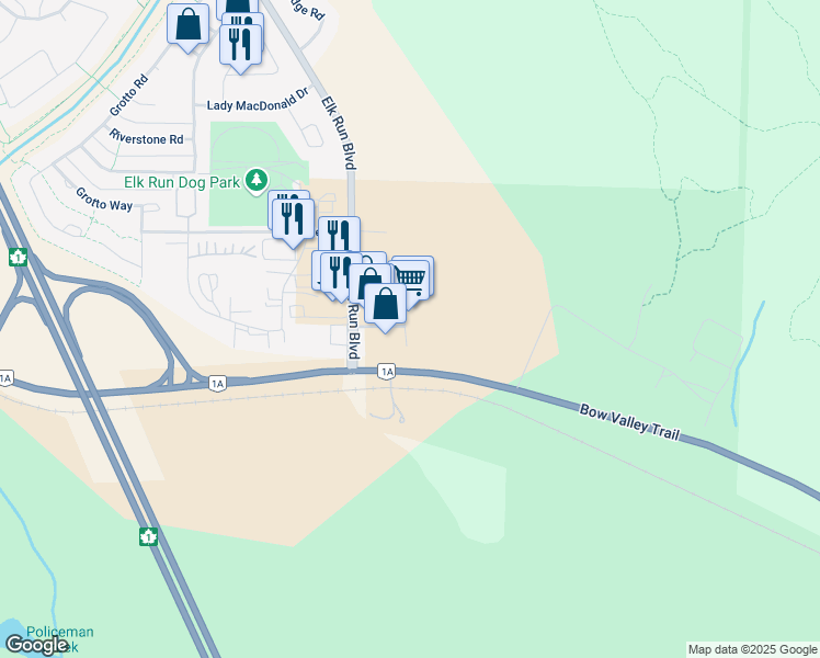 map of restaurants, bars, coffee shops, grocery stores, and more near 109 Bow Meadows Crescent in Canmore