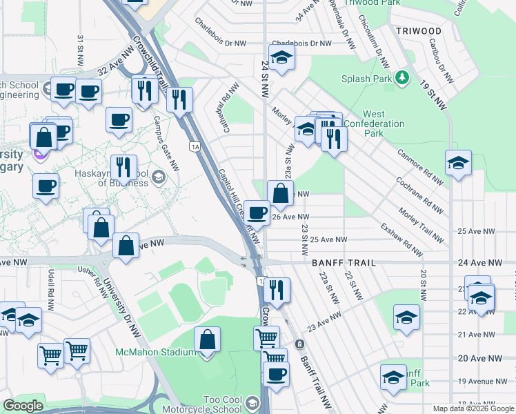map of restaurants, bars, coffee shops, grocery stores, and more near 1 Creston Crescent Northwest in Calgary