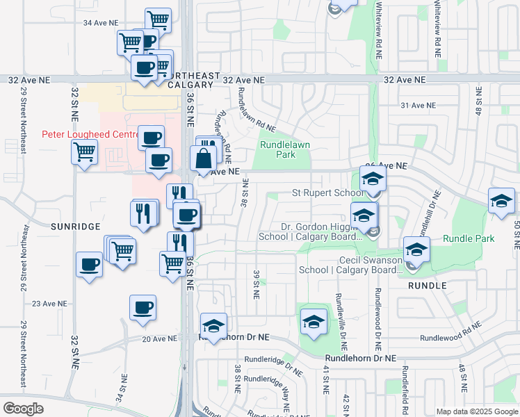 map of restaurants, bars, coffee shops, grocery stores, and more near 413 Rundlelawn Way Northeast in Calgary