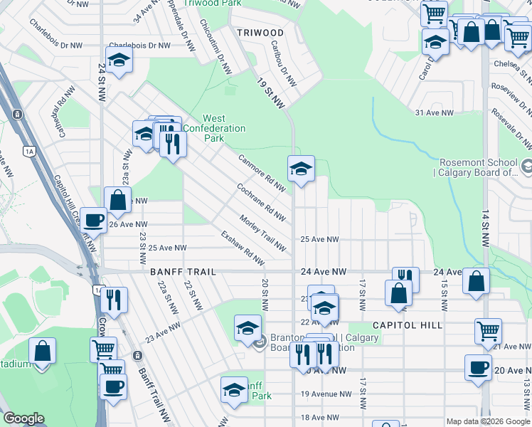 map of restaurants, bars, coffee shops, grocery stores, and more near 2555 Cochrane Road Northwest in Calgary