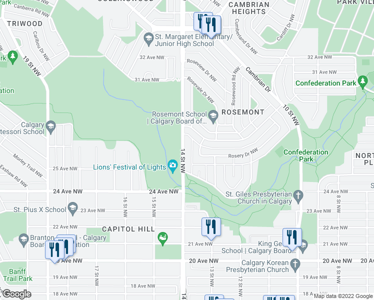 map of restaurants, bars, coffee shops, grocery stores, and more near 2804 14 Street Northwest in Calgary