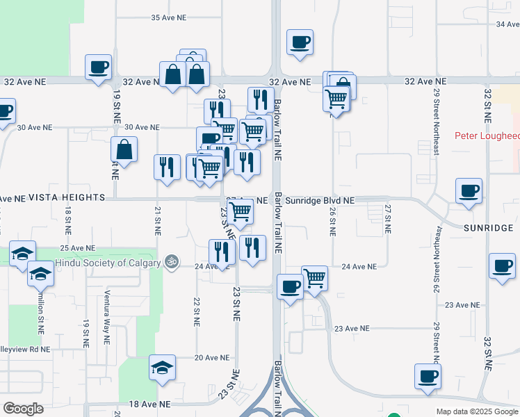 map of restaurants, bars, coffee shops, grocery stores, and more near 2475 27 Avenue Northeast in Calgary