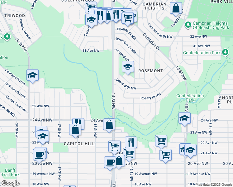 map of restaurants, bars, coffee shops, grocery stores, and more near 2804 14 Street Northwest in Calgary