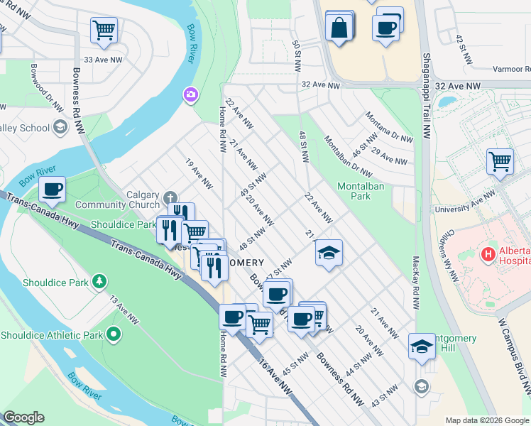 map of restaurants, bars, coffee shops, grocery stores, and more near 4909 20 Avenue Northwest in Calgary
