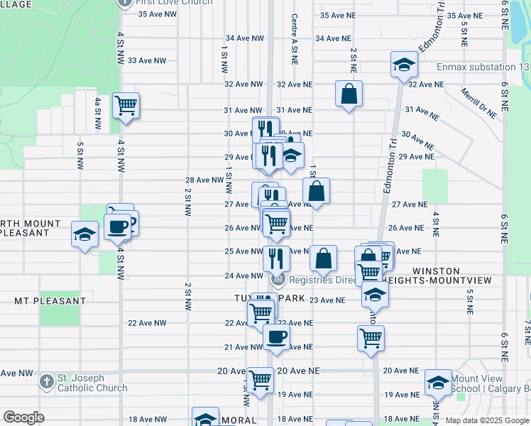 map of restaurants, bars, coffee shops, grocery stores, and more near 2705 Centre Street Northwest in Calgary