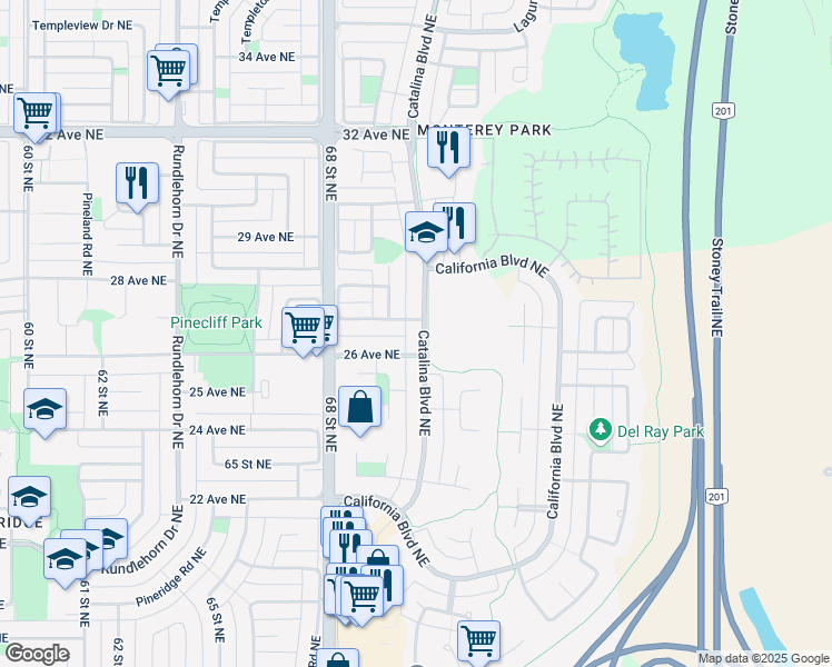 map of restaurants, bars, coffee shops, grocery stores, and more near 2716 Catalina Boulevard Northeast in Calgary