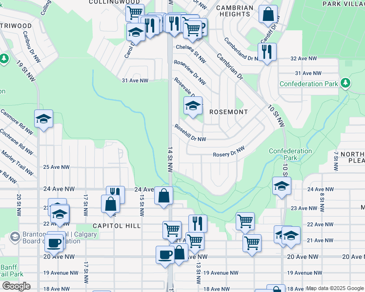 map of restaurants, bars, coffee shops, grocery stores, and more near 177 Rosery Drive Northwest in Calgary