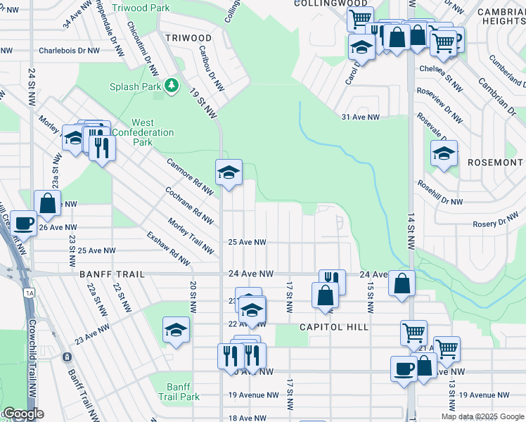 map of restaurants, bars, coffee shops, grocery stores, and more near 2730 17A Street Northwest in Calgary