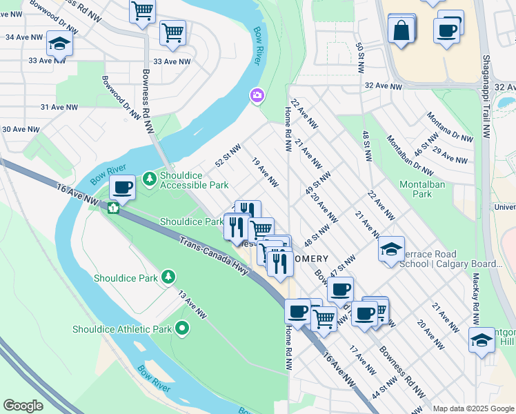 map of restaurants, bars, coffee shops, grocery stores, and more near 5119 18 Avenue Northwest in Calgary
