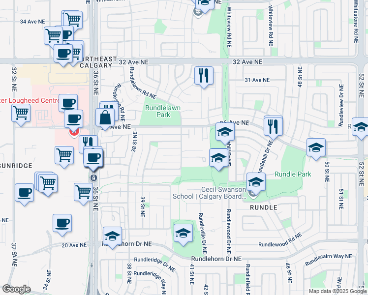 map of restaurants, bars, coffee shops, grocery stores, and more near 2660 Rundlelawn Road Northeast in Calgary