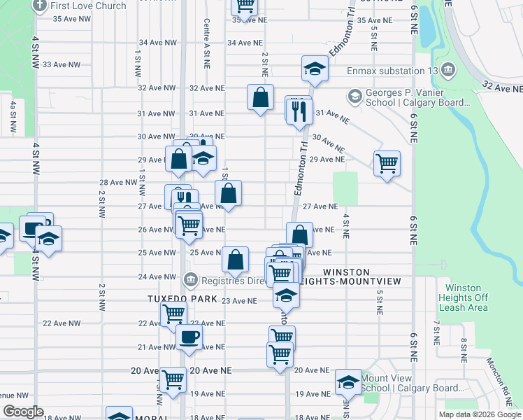 map of restaurants, bars, coffee shops, grocery stores, and more near 305 27 Avenue Northeast in Calgary