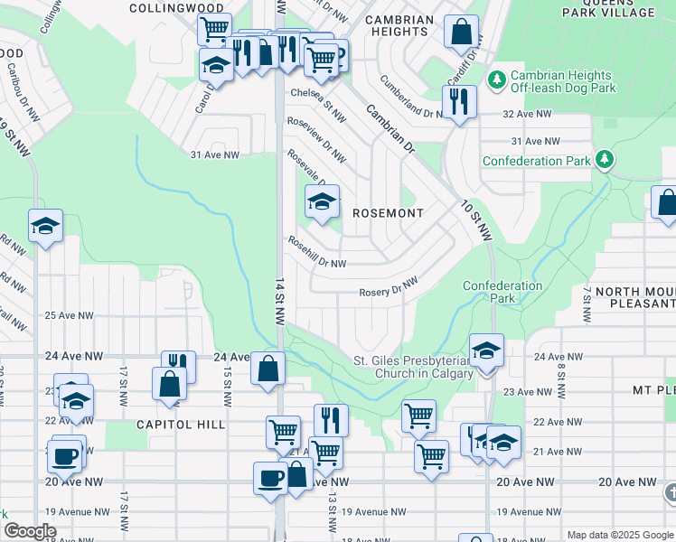 map of restaurants, bars, coffee shops, grocery stores, and more near 1403 Rosehill Drive Northwest in Calgary