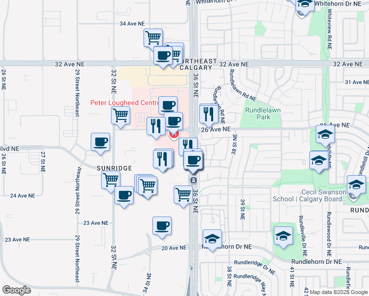 map of restaurants, bars, coffee shops, grocery stores, and more near in Calgary