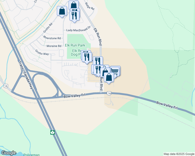 map of restaurants, bars, coffee shops, grocery stores, and more near 104 Elk Run Boulevard in Canmore