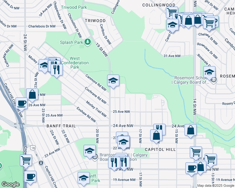 map of restaurants, bars, coffee shops, grocery stores, and more near 2807 18 Street Northwest in Calgary