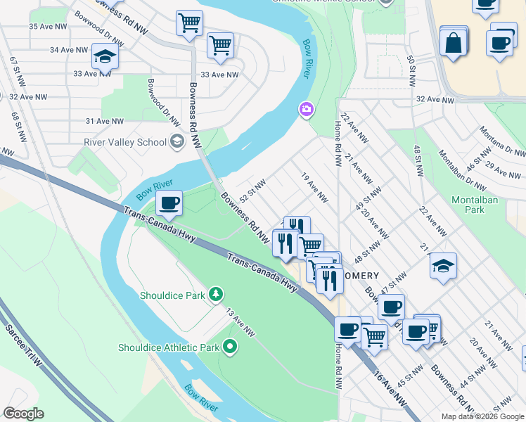 map of restaurants, bars, coffee shops, grocery stores, and more near 5221 17 Avenue Northwest in Calgary