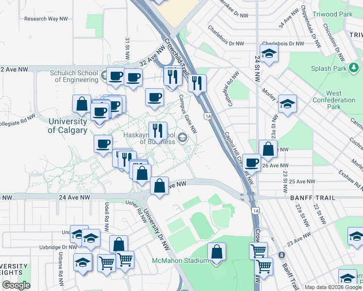 map of restaurants, bars, coffee shops, grocery stores, and more near 215 Campus Place Northwest in Calgary