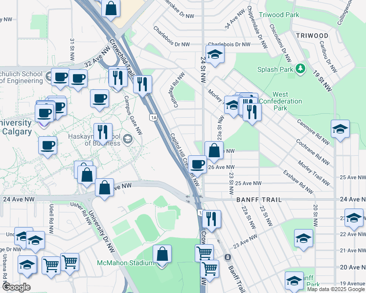 map of restaurants, bars, coffee shops, grocery stores, and more near 2648 Capitol Hill Crescent Northwest in Calgary