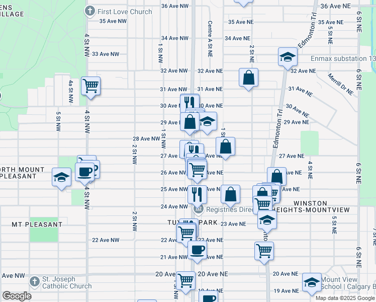 map of restaurants, bars, coffee shops, grocery stores, and more near 2705 Centre Street Northwest in Calgary