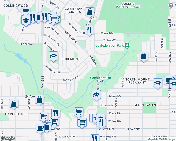 map of restaurants, bars, coffee shops, grocery stores, and more near 51 Rosery Drive Northwest in Calgary