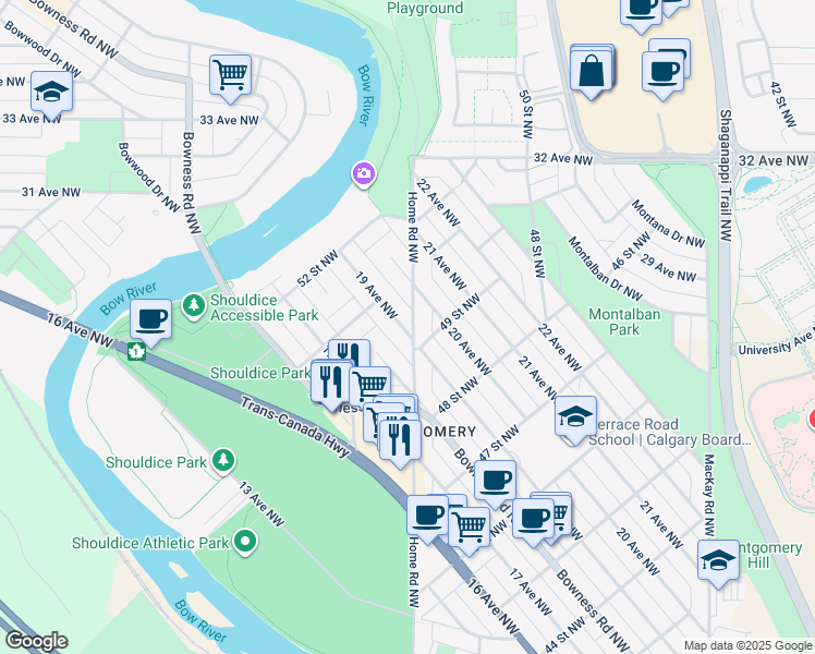 map of restaurants, bars, coffee shops, grocery stores, and more near 2003 Home Road Northwest in Calgary