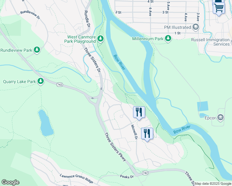 map of restaurants, bars, coffee shops, grocery stores, and more near 209 Prospect Heights in Canmore