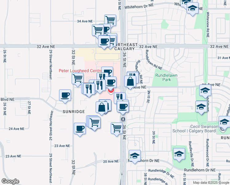 map of restaurants, bars, coffee shops, grocery stores, and more near 2681 36 Street Northeast in Calgary