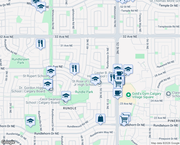 map of restaurants, bars, coffee shops, grocery stores, and more near 4919 Rundleview Road Northeast in Calgary