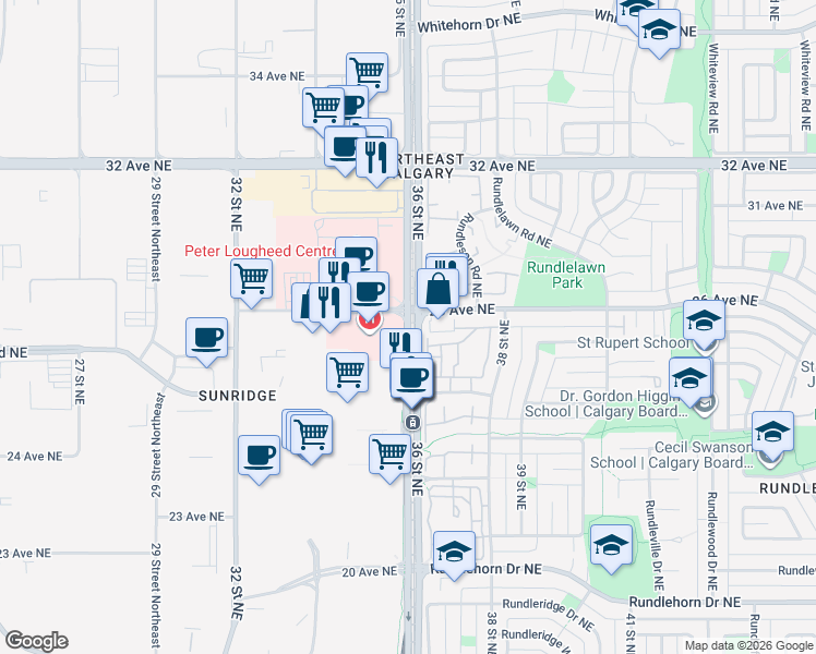 map of restaurants, bars, coffee shops, grocery stores, and more near 2536 36 Street Northeast in Calgary