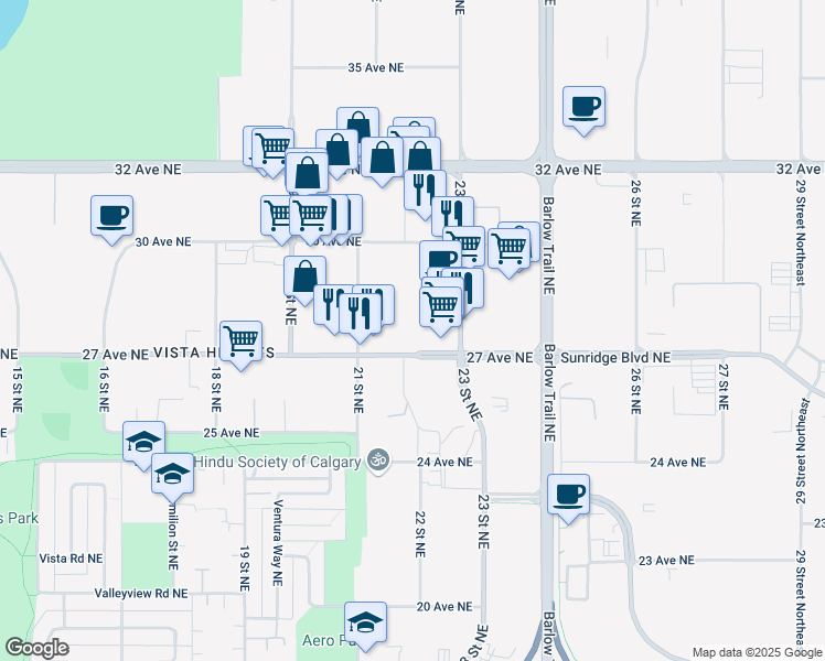 map of restaurants, bars, coffee shops, grocery stores, and more near 2316 27 Avenue Northeast in Calgary