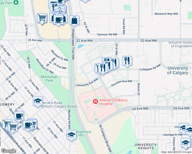 map of restaurants, bars, coffee shops, grocery stores, and more near 4410 University Avenue Northwest in Calgary