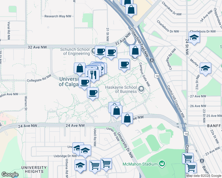 map of restaurants, bars, coffee shops, grocery stores, and more near 434 University Court Northwest in Calgary