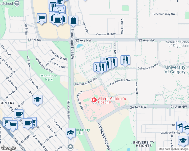 map of restaurants, bars, coffee shops, grocery stores, and more near 4410 University Avenue Northwest in Calgary
