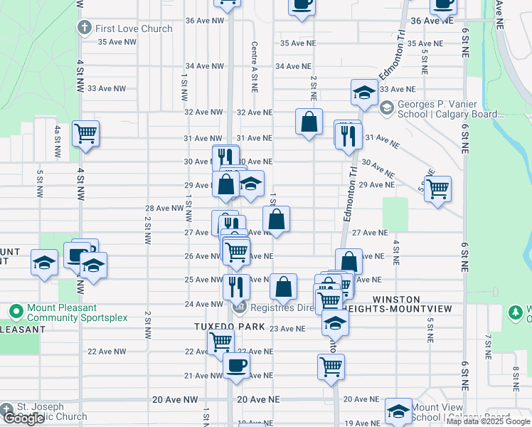 map of restaurants, bars, coffee shops, grocery stores, and more near 133 28 Avenue Northeast in Calgary