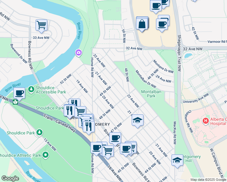 map of restaurants, bars, coffee shops, grocery stores, and more near in Calgary