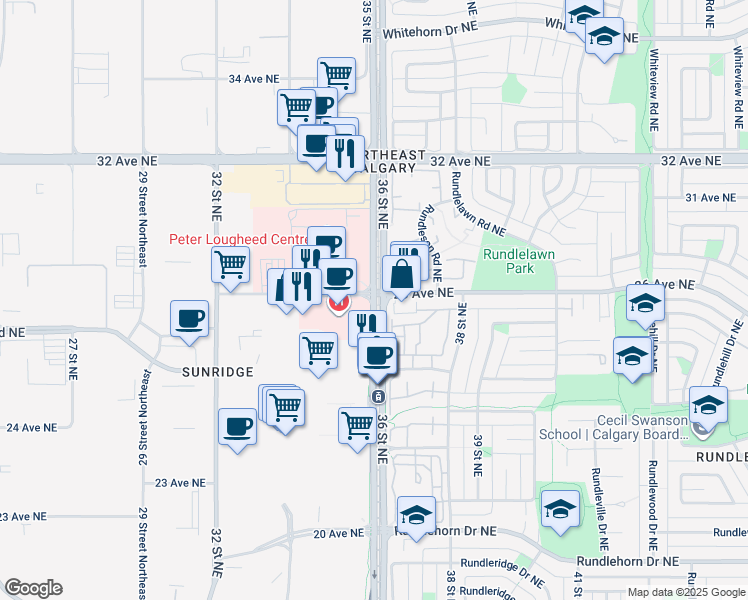 map of restaurants, bars, coffee shops, grocery stores, and more near 2681 36 Street Northeast in Calgary